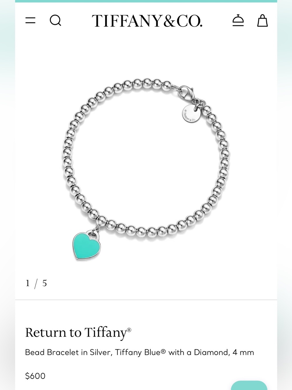 Tiffany & Co. Silver Bead Bracelet with Tiffany Blue Heart Charm